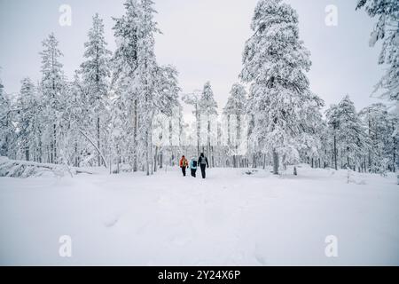 Rundgang durch verschneite Wälder in Rovaniemi, Lappland Stockfoto