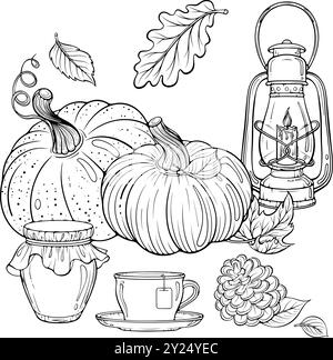 Stillleben im Herbst mit Kürbis, Laterne und einem Glas Marmeladen-Kunst Stock Vektor