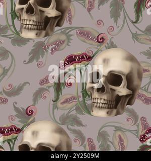 Nahtloses Halloween-Muster mit fleischfressender Pflanze und Schädel im Cartoon-Stil. Handgezeichnetes endloses Hintergrunddesign für Feiertage. Mystische Texturoberfläche Stockfoto