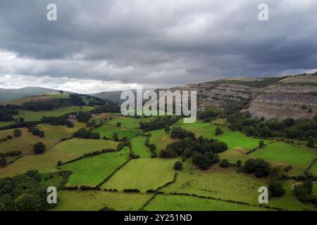 Creigiau Eglwyseg ist ein Kalkstein nordöstlich von Llangollen in Denbighshire, Nordwales. Das Gebiet ist ein Gebiet von besonderem wissenschaftlichem Interesse. Stockfoto