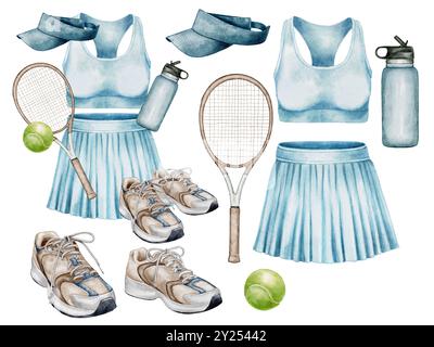 Sportswear und Tennis Accessoires Aquarellillustration Stockfoto