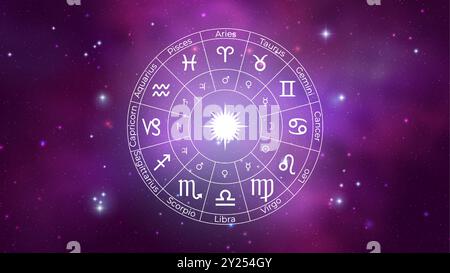 Kreis mit Sternzeichen auf farbenfrohem Sternenraum Hintergrund. Vektorabbildung Stock Vektor