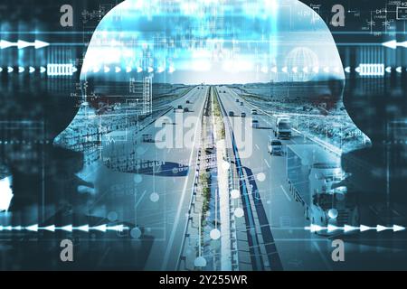 KI-Technologie autonomer Transport. Fahrerloses Automobil. Fahrzeugerkennungssystem und drahtloses Fahrzeugkommunikationsnetzwerk. Stockfoto