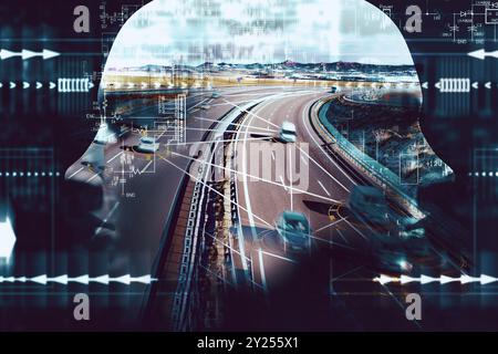 KI-Technologie autonomer Transport. Fahrerloses Automobil. Fahrzeugerkennungssystem und drahtloses Fahrzeugkommunikationsnetzwerk. Stockfoto