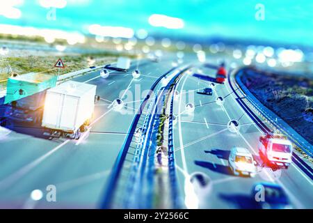 KI-Technologie autonomer Transport. Fahrerloses Automobil. Fahrzeugerkennungssystem und drahtloses Fahrzeugkommunikationsnetzwerk. Stockfoto
