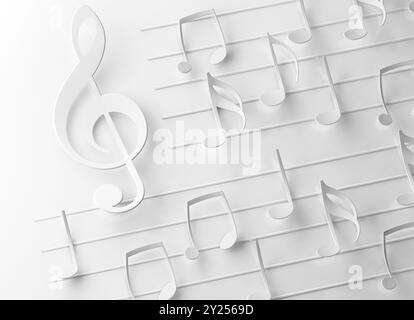 Abstraktes Konzept der Sinfonie und der klassischen Musik. Treble-Schlüssel und Notenblatt in weißer Farbe. Musiknoten und Liedhintergrund. Stockfoto