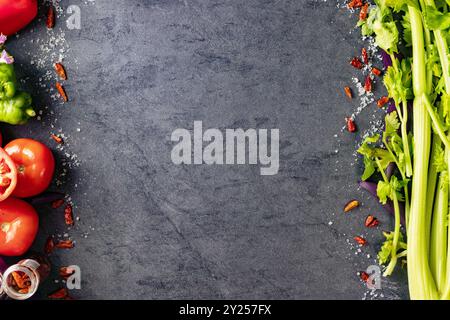 Gesunde Lebensmittel. Sammlung von Gemüse und Obst auf schwarzem Zement oder Stein. Draufsicht und Kopierbereich. Stockfoto