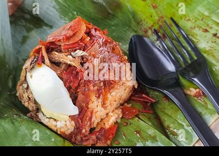 Nahaufnahme einer einfachen authentischen Portion von Nasi Lemak Bungkus, beliebtem Reis mit Kokosmilch und Sambal Chili, Sardellen und Eiern eingewickelt Stockfoto