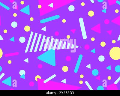 Geometrisches Nahtmuster mit memphis-Elementen im 80s Style. Farbenfrohes geometrisches Muster. Design von Werbeartikeln, Geschenkpapier und Druck Stock Vektor