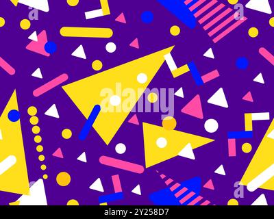 Geometrisches Nahtmuster mit memphis-Elementen im 80s Style. Farbenfrohes geometrisches Muster. Design von Werbeartikeln, Geschenkpapier und Druck Stock Vektor