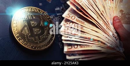 Hintergrund von Bitcoin-Goldmünzen und Euro-Banknoten, Nahaufnahme. Stockfoto