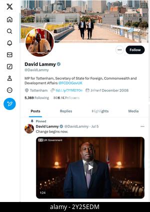 "X" - ehemals Twitter - Seite (September 2024) von David Lammy Abgeordneter - Außenminister Stockfoto