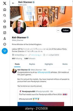 'X' - ehemals Twitter - Seite (September 2024) von Sir Keir Starmer, britischer Premierminister Stockfoto