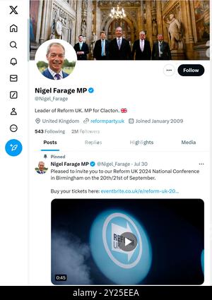 'X' - ehemals Twitter - Seite (September 2024) von Nigel Farage Abgeordneter, Vorsitzender der Reformpartei Stockfoto