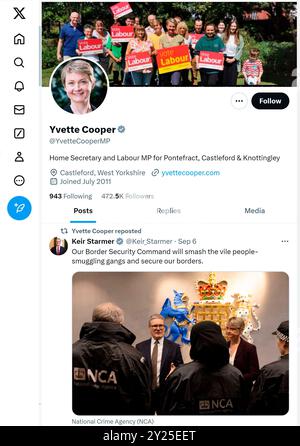 'X' - ehemals Twitter - Seite (September 2024) von Yvette Cooper Abgeordneter - Innenminister Stockfoto