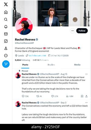 'X' - früher Twitter - Seite (September 2024) von Rachel Reeves Abgeordneter - Kanzler der Finanzverwaltung Stockfoto