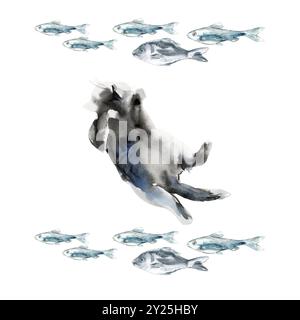 Die Katze liegt auf dem Rücken und träumt von Fischen. Schlafende Katze und schwimmende Fische. Die Katze legt sich mit dem Bauch auf und reißt die Pfoten. Aquarellrand ist Zimmermädchen Stockfoto