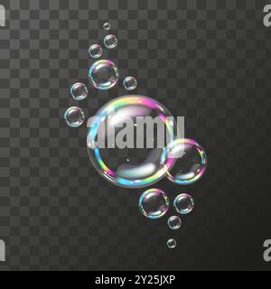 Seifenblasen. Regenbogenreflexion transparente, realistische Seifenblasen. Vektorabbildung Stock Vektor