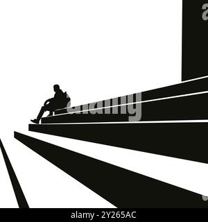 Silhouette eines Mannes, der auf der Treppe sitzt. Die Schritte gehen in die Perspektive. Ein einsamer Kerl mit einem Rucksack auf dem Rücken schaut nachdenklich in die Ferne Stock Vektor