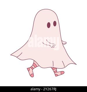 Ein kleiner Geist in Socken. Handgezeichneter süßer Geist isoliert auf weißem Hintergrund. Halloween-Vektor-Illustration Stock Vektor