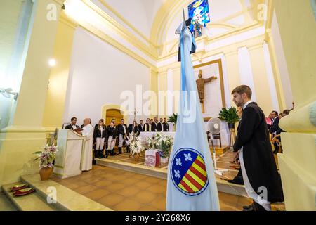 Käfermesse, Ritter in religiösen Feierlichkeiten, Pfarrkirche Sant Lluís, Menorca, Balearen, Spanien. Stockfoto