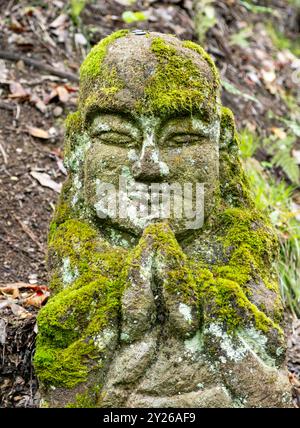 Nahaufnahme der moosbedeckten Steinstatue von rakan - dem Schüler Buddhas, Otagi Nenbutsu-JI Tempel, Kyoto, Japan Stockfoto