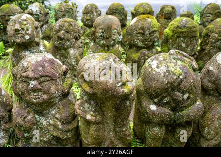 Moosbedeckte Steinstatuen von Rakanen - die Schüler Buddhas, Otagi Nenbutsu-JI Tempel, Kyoto, Japan Stockfoto