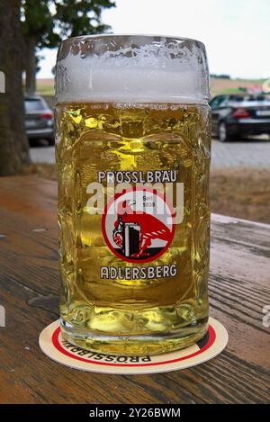 Prösslbräu Bier - Brauerei, Radler Halbe im Glaskrug im Biergarten in Adlersberg bei Pettendorf im Landkreis Regensburg *** Prösslbräu Bierbrauerei, Radler Halbe in einem Glasbecher im Biergarten in Adlersberg bei Pettendorf im Landkreis Regensburg Stockfoto