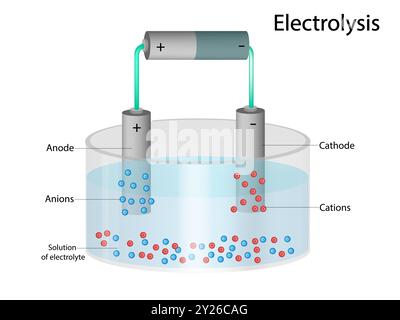 Elektrolyse. Elektrolytlösung. Kationen und Anionen. Kathode und Anode Stock Vektor