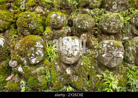 Moosbedeckte Steinstatuen von Rakanen - die Schüler Buddhas, Otagi Nenbutsu-JI Tempel, Kyoto, Japan Stockfoto