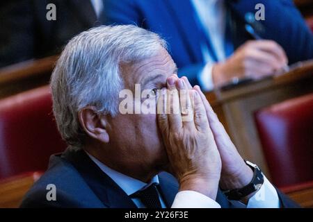 IL Vice Presidente del Consiglio dei Ministri, Ministro degli Esteri e segretario di Forza Italia Antonio Tajani, in Occasione dell'evento di Confartigianato 'Match Point', widato all'analisi delle prossime sfide politiche ed economiche per il futuro dell'Italia e dell'Europa. Roma, Luned&#xec; 09 Settembre 2024 (Foto Mauro Scrobogna /LaPresse) der stellvertretende Premierminister, Außenminister und Sekretär der Forza Italia Antonio Tajani anlässlich der Confartigianato-Veranstaltung „Match Point“, die der Analyse der bevorstehenden politischen und wirtschaftlichen Halle gewidmet ist Stockfoto