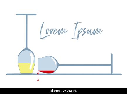 Weingläser werden mit einem verschütteten und einem umgedreht in einem 3D-Illustrationsrahmen mit großem Textbereich und Kopierraum auf einem weißen Hintergrund gesehen Stockfoto