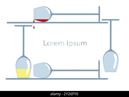 Weingläser werden mit einem verschütteten und einem umgedreht in einem 3D-Illustrationsrahmen mit großem Textbereich und Kopierraum auf einem weißen Hintergrund gesehen Stockfoto