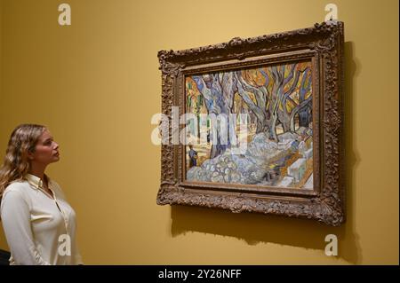DIE PHILADELPHIA SONNENBLUMEN WURDEN URSPRÜNGLICH BEI VAN GOGHS FREUNDEN MR. UND MRS. GINOUX IN ARLES HINTERLASSEN UND VON GEKAUFT HERR CARROL TYSON AUS CHETNUT HILL PHILADELPHIA 1935, BEVOR ER 1963 VOM PHILADELPHIA MUSEUM OF ART ERWORBEN WURDE . DIE LONDONER SONNENBLUMEN WURDEN IM MAI 1889 AN VAN GOGHS BRUDER THEO GESCHICKT UND BLIEBEN BIS ZUM DIE NATIONAL GALLERY KAUFTE DAS BILD 1924. DIE BEIDEN BILDER WURDEN SEIT ANFANG 1889 IM STUDIO DES KÜNSTLERS NIE ZUSAMMEN AUSGESTELLT . DIE BEIDEN SONNENBLUMEN WERDEN NEBEN LA BERCEUSE (1888) SEIN SYMBOLISCHES PORTRÄT EINER FRAU MIT CRADE-SCHNUR GEZEIGT Stockfoto