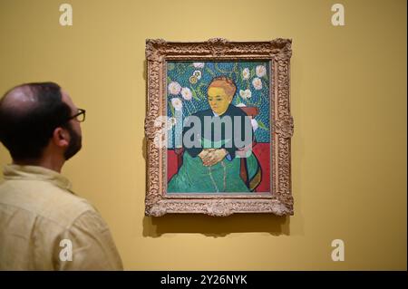 DIE PHILADELPHIA SONNENBLUMEN WURDEN URSPRÜNGLICH BEI VAN GOGHS FREUNDEN MR. UND MRS. GINOUX IN ARLES HINTERLASSEN UND VON GEKAUFT HERR CARROL TYSON AUS CHETNUT HILL PHILADELPHIA 1935, BEVOR ER 1963 VOM PHILADELPHIA MUSEUM OF ART ERWORBEN WURDE . DIE LONDONER SONNENBLUMEN WURDEN IM MAI 1889 AN VAN GOGHS BRUDER THEO GESCHICKT UND BLIEBEN BIS ZUM DIE NATIONAL GALLERY KAUFTE DAS BILD 1924. DIE BEIDEN BILDER WURDEN SEIT ANFANG 1889 IM STUDIO DES KÜNSTLERS NIE ZUSAMMEN AUSGESTELLT . DIE BEIDEN SONNENBLUMEN WERDEN NEBEN LA BERCEUSE (1888) SEIN SYMBOLISCHES PORTRÄT EINER FRAU MIT CRADE-SCHNUR GEZEIGT Stockfoto
