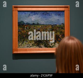 DIE PHILADELPHIA SONNENBLUMEN WURDEN URSPRÜNGLICH BEI VAN GOGHS FREUNDEN MR. UND MRS. GINOUX IN ARLES HINTERLASSEN UND VON GEKAUFT HERR CARROL TYSON AUS CHETNUT HILL PHILADELPHIA 1935, BEVOR ER 1963 VOM PHILADELPHIA MUSEUM OF ART ERWORBEN WURDE . DIE LONDONER SONNENBLUMEN WURDEN IM MAI 1889 AN VAN GOGHS BRUDER THEO GESCHICKT UND BLIEBEN BIS ZUM DIE NATIONAL GALLERY KAUFTE DAS BILD 1924. DIE BEIDEN BILDER WURDEN SEIT ANFANG 1889 IM STUDIO DES KÜNSTLERS NIE ZUSAMMEN AUSGESTELLT . DIE BEIDEN SONNENBLUMEN WERDEN NEBEN LA BERCEUSE (1888) SEIN SYMBOLISCHES PORTRÄT EINER FRAU MIT CRADE-SCHNUR GEZEIGT Stockfoto
