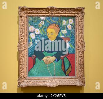 DIE PHILADELPHIA SONNENBLUMEN WURDEN URSPRÜNGLICH BEI VAN GOGHS FREUNDEN MR. UND MRS. GINOUX IN ARLES HINTERLASSEN UND VON GEKAUFT HERR CARROL TYSON AUS CHETNUT HILL PHILADELPHIA 1935, BEVOR ER 1963 VOM PHILADELPHIA MUSEUM OF ART ERWORBEN WURDE . DIE LONDONER SONNENBLUMEN WURDEN IM MAI 1889 AN VAN GOGHS BRUDER THEO GESCHICKT UND BLIEBEN BIS ZUM DIE NATIONAL GALLERY KAUFTE DAS BILD 1924. DIE BEIDEN BILDER WURDEN SEIT ANFANG 1889 IM STUDIO DES KÜNSTLERS NIE ZUSAMMEN AUSGESTELLT . DIE BEIDEN SONNENBLUMEN WERDEN NEBEN LA BERCEUSE (1888) SEIN SYMBOLISCHES PORTRÄT EINER FRAU MIT CRADE-SCHNUR GEZEIGT Stockfoto