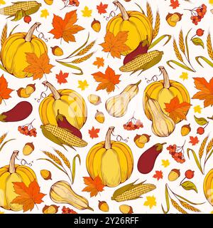 Thanksgiving Harvest Vector nahtlose Muster, traditionelle Kürbisse und Orangenblätter. Hintergrundbild Zur Herbstfeier. Farbenfrohe Hand Im Herbst Stock Vektor