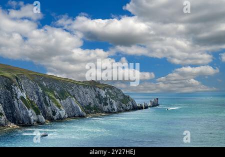 The Needles, drei Kreidefelder in der Nähe der Alum Bay auf der Isle of Wight, England, Großbritannien Stockfoto