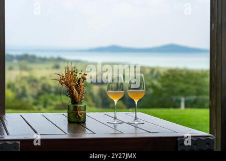 Weingläser auf dem Tisch mit wunderschönem Balaton Hintergrund Stockfoto