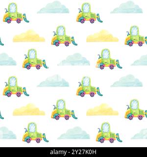 Nahtloses Muster mit einem grünen Truck in Aquarellfarben und gelben und blauen Wolken. Handgezeichneter Himmel und Traktorillustration für Babyduschen, Kinderbekleidung oder verspielte Tapetendesigns Stockfoto