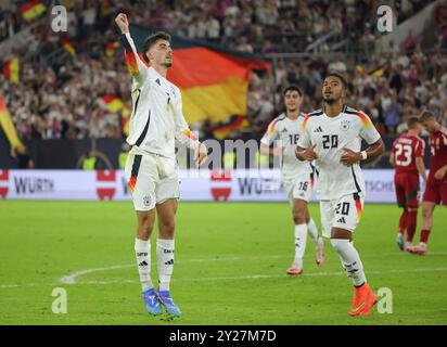 Düsseldorf, Deutschland. September 2024. firo: 07.09.2024, Fußball, Fußball, internationales Spiel DFB Nationalmannschaft Männer's Nations League Deutschland - Ungarn 5:0 Kai Havertz feiert das fünfte Tor der Mannschaft nach einem Elfmeterjubel mit 5:0. Quelle: dpa/Alamy Live News Stockfoto