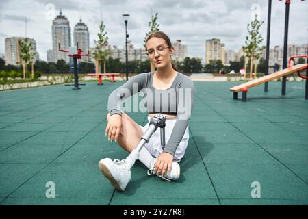 Eine junge Frau mit Beinprothetik nimmt in bequemer Sportbekleidung eine Outdoor-Fitness-Routine an. Stockfoto