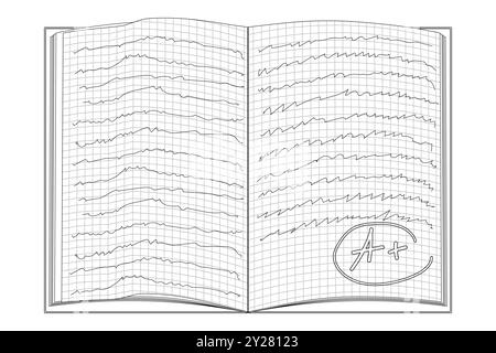 Vektor-Illustration eines offenen Notizbuchs mit Rasterpapier und handgeschriebenen Linien, perfekt für Ausmalbücher und Lehrmaterialien. Stock Vektor