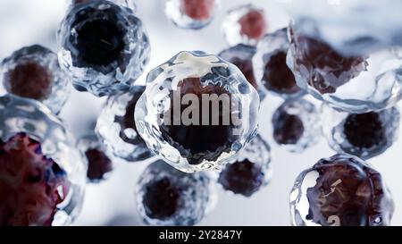 Tod menschlicher Zellen, embryonale Stammzelle, metastasierenden Tumor, Verbreitung der Leukämie, bösartige Krebserkrankungen, Viren und Bakterien, auffälliges weißes Blut c Stockfoto