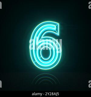 Cyanblauer Neondraht Nr. 6 6, 3D-Darstellung, isoliert auf schwarzem Hintergrund Stockfoto