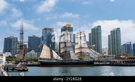 Das älteste aktive Segelschiff Star of India mit Eisenhüllen lag im Seefahrtsmuseum an der Uferpromenade von San Diego, Kalifornien Stockfoto