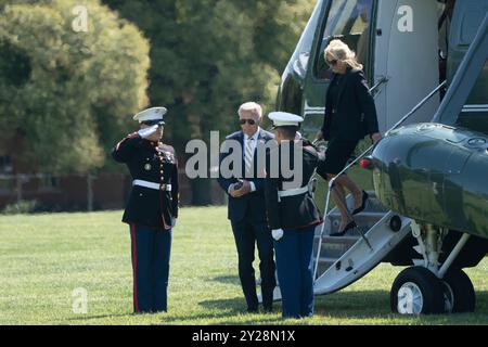 Washington DC, USA. September 2024. US-Präsident Joe Biden und First Lady Dr. Jill Biden kehren nach einer Reise nach Wilmington, DE, am 9. September 2024 über Fort Lesley J. McNair nach Washington zurück. Kredit: Chris Kleponis/Pool über CNP/MediaPunch Kredit: MediaPunch Inc/Alamy Live News Stockfoto