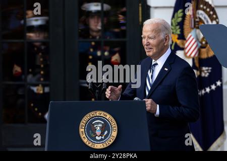 Washington, Usa. September 2024. Präsident Joe Biden hält am 9. September 2024 in Washington, D.C. (Foto: Samuel Corum/SIPA USA) eine Rede zur Feier des American With Disabilities Act (ADA) auf dem Südrasen des Weißen Hauses (Foto: SIPA USA/Alamy Live News) Stockfoto