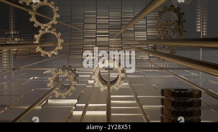 3D-Rendering von Steampunk-Zahnrädern und Zahnrädern im nebeligen Raum Stockfoto